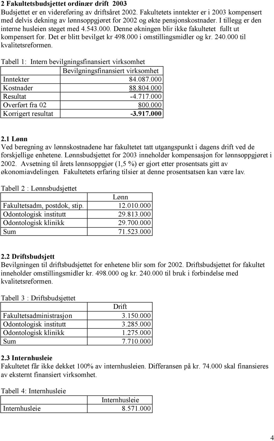 Denne økningen blir ikke fakultetet fullt ut kompensert for. Det er blitt bevilget kr 498.000 i omstillingsmidler og kr. 240.000 til kvalitetsreformen.