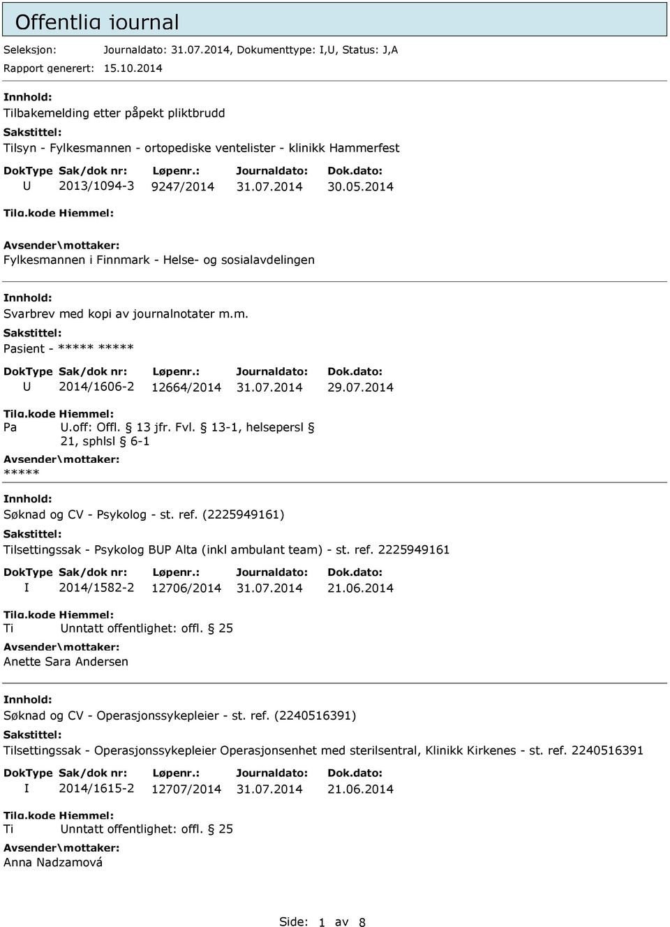 2014 Fylkesmannen i Finnmark - Helse- og sosialavdelingen nnhold: Svarbrev med kopi av journalnotater m.m. Pasient - ***** ***** 2014/1606-2 12664/2014 29.07.2014 Pa.off: Offl. 13 jfr. Fvl.