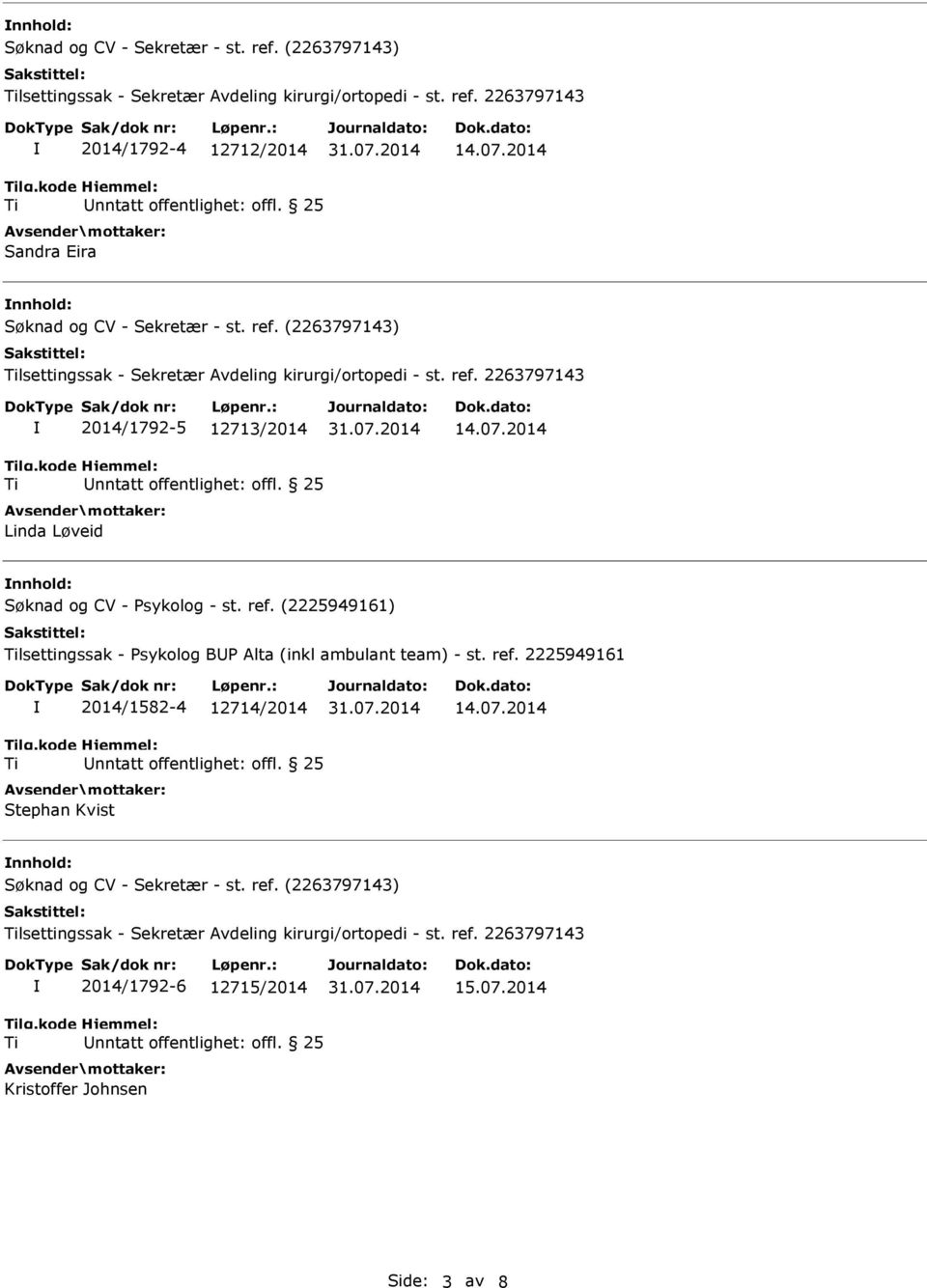 2014 nnhold: Søknad og CV - Psykolog - st. ref. (2225949161) lsettingssak - Psykolog BP Alta (inkl ambulant team) - st. ref. 2225949161 2014/1582-4 12714/2014 Stephan Kvist 14.