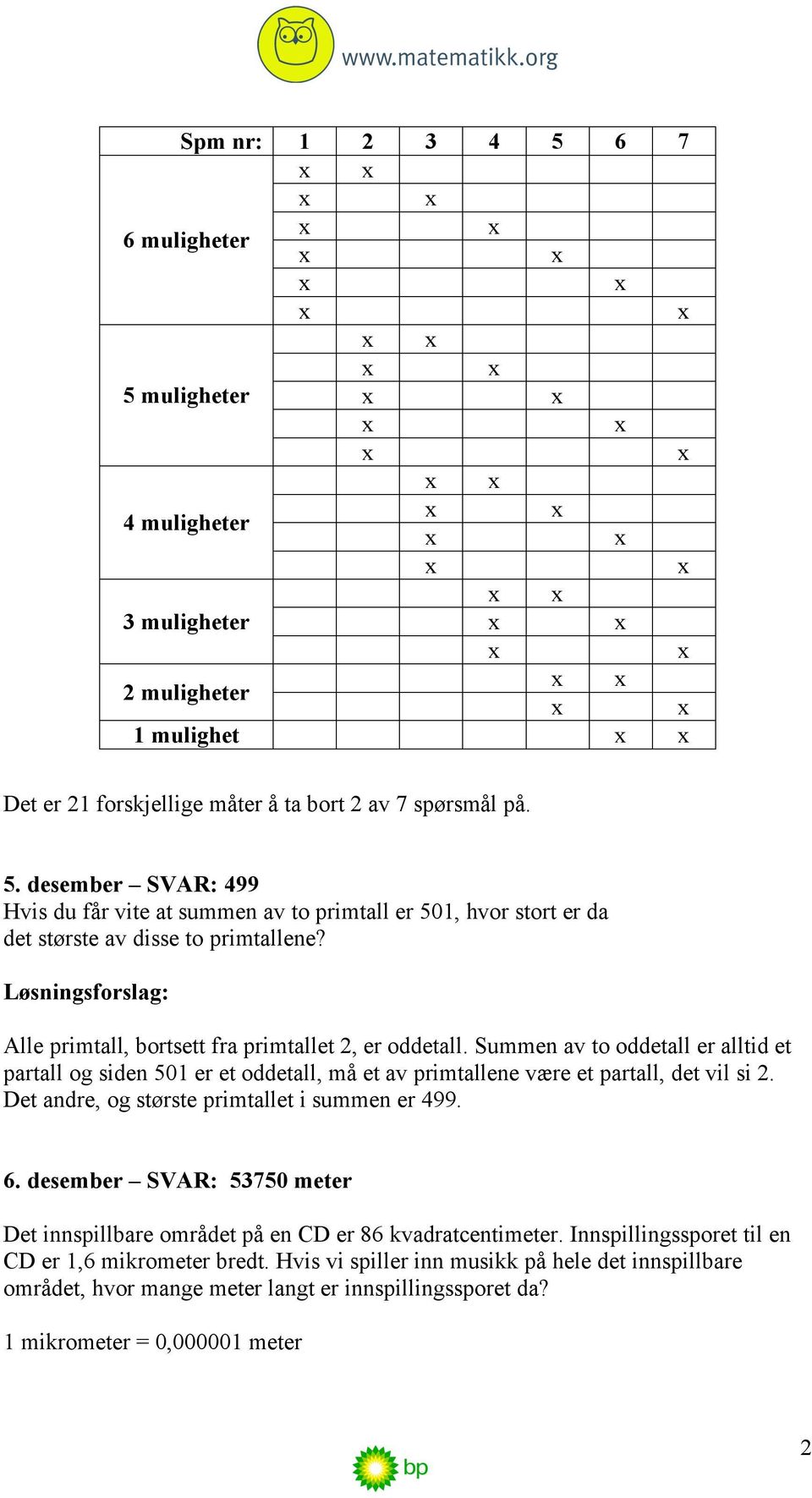 Det andre, og største primtallet i summen er 499. 6. desember SVAR: 53750 meter Det innspillbare området på en CD er 86 kvadratcentimeter. Innspillingssporet til en CD er 1,6 mikrometer bredt.