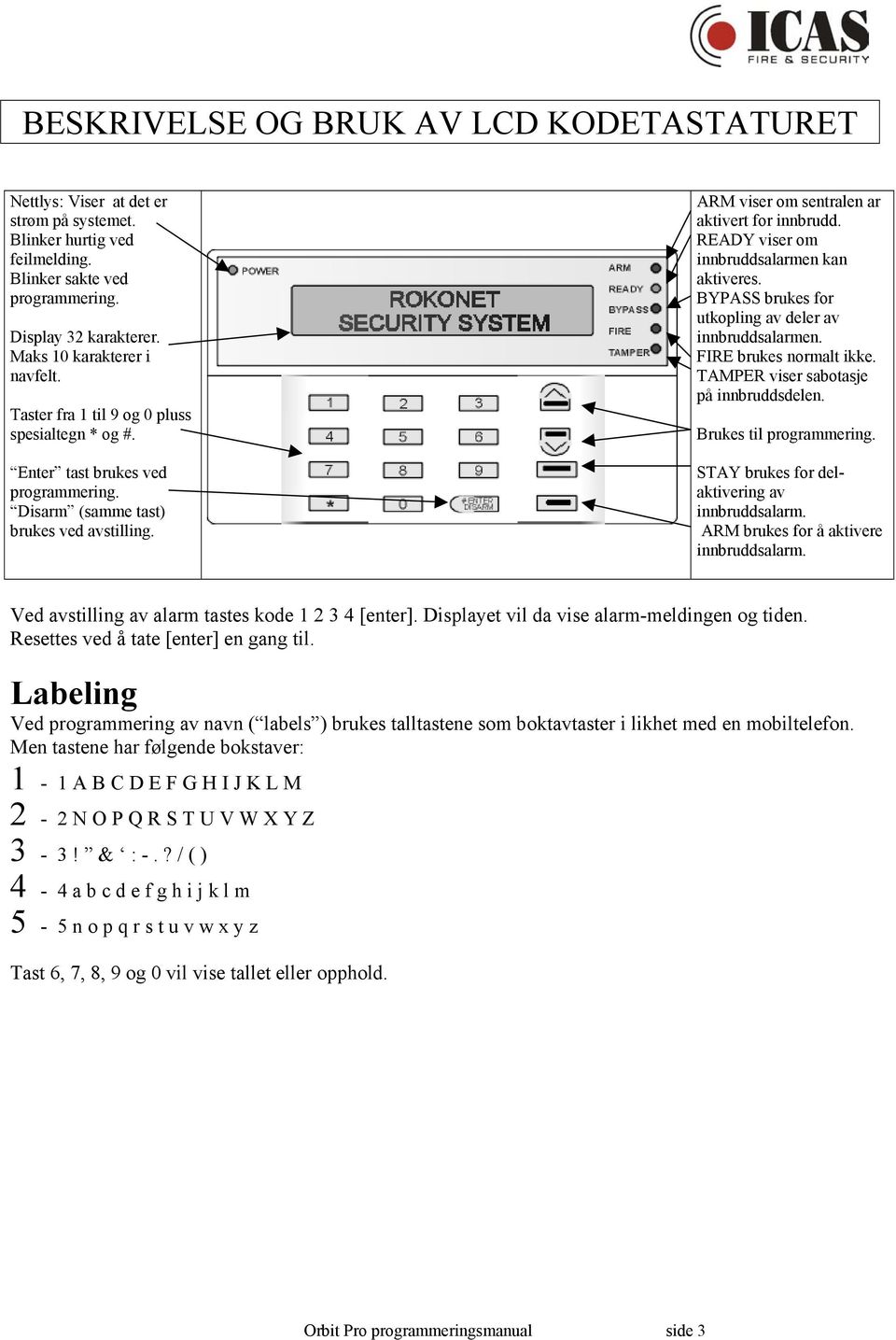 ARM viser om sentralen ar aktivert for innbrudd. READY viser om innbruddsalarmen kan aktiveres. BYPASS brukes for utkopling av deler av innbruddsalarmen. FIRE brukes normalt ikke.