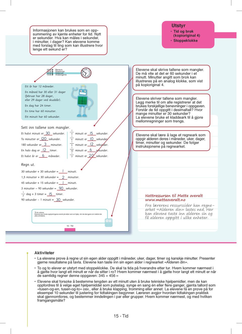 De må vite at det er 60 sekunder i et minutt. Minutter angitt som brøk kan illustreres på en analog klokke, som vist på kopioriginal 4. Elevene skriver tallene som mangler.