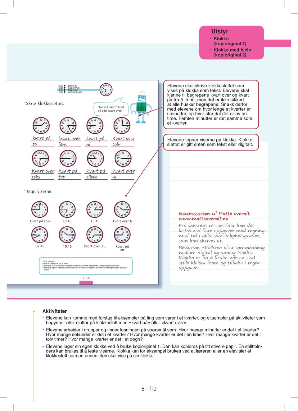 Femten minutter er det samme som et kvarter. Elevene tegner viserne på klokka. Klokkeslettet er gitt enten som tekst eller digitalt. Nettressursen til Matte overalt www.matteoveralt.