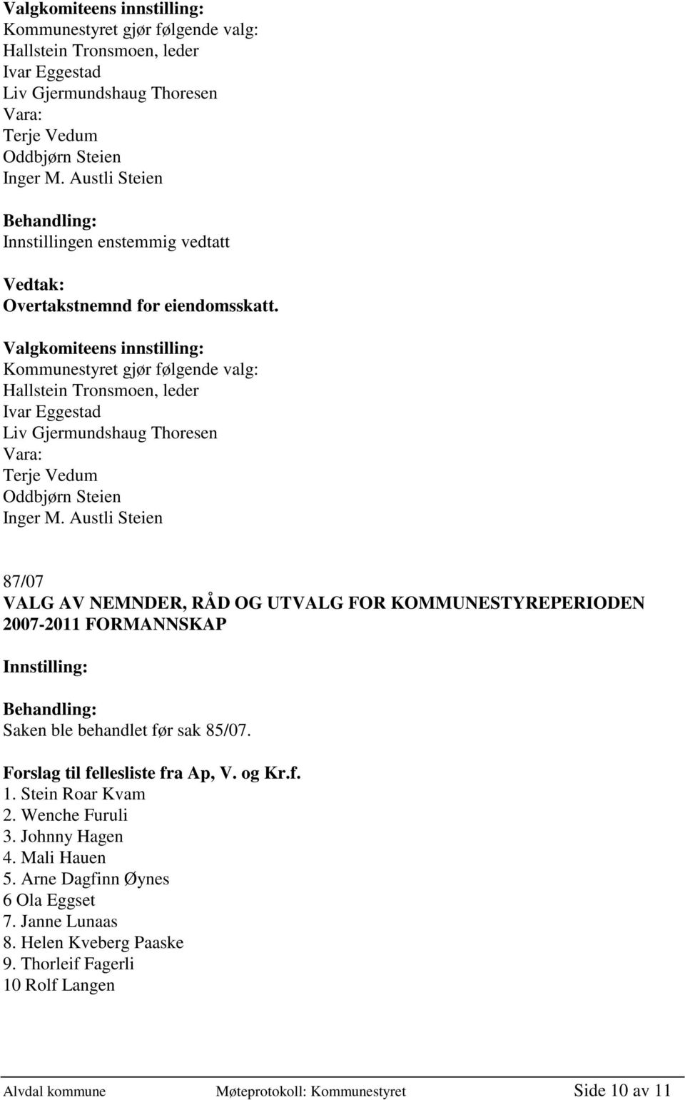 Austli Steien 87/07 VALG AV NEMNDER, RÅD OG UTVALG FOR KOMMUNESTYREPERIODEN 2007-2011 FORMANNSKAP Saken ble behandlet før sak 85/07. Forslag til fellesliste fra Ap, V. og Kr.f. 1. Stein Roar Kvam 2.