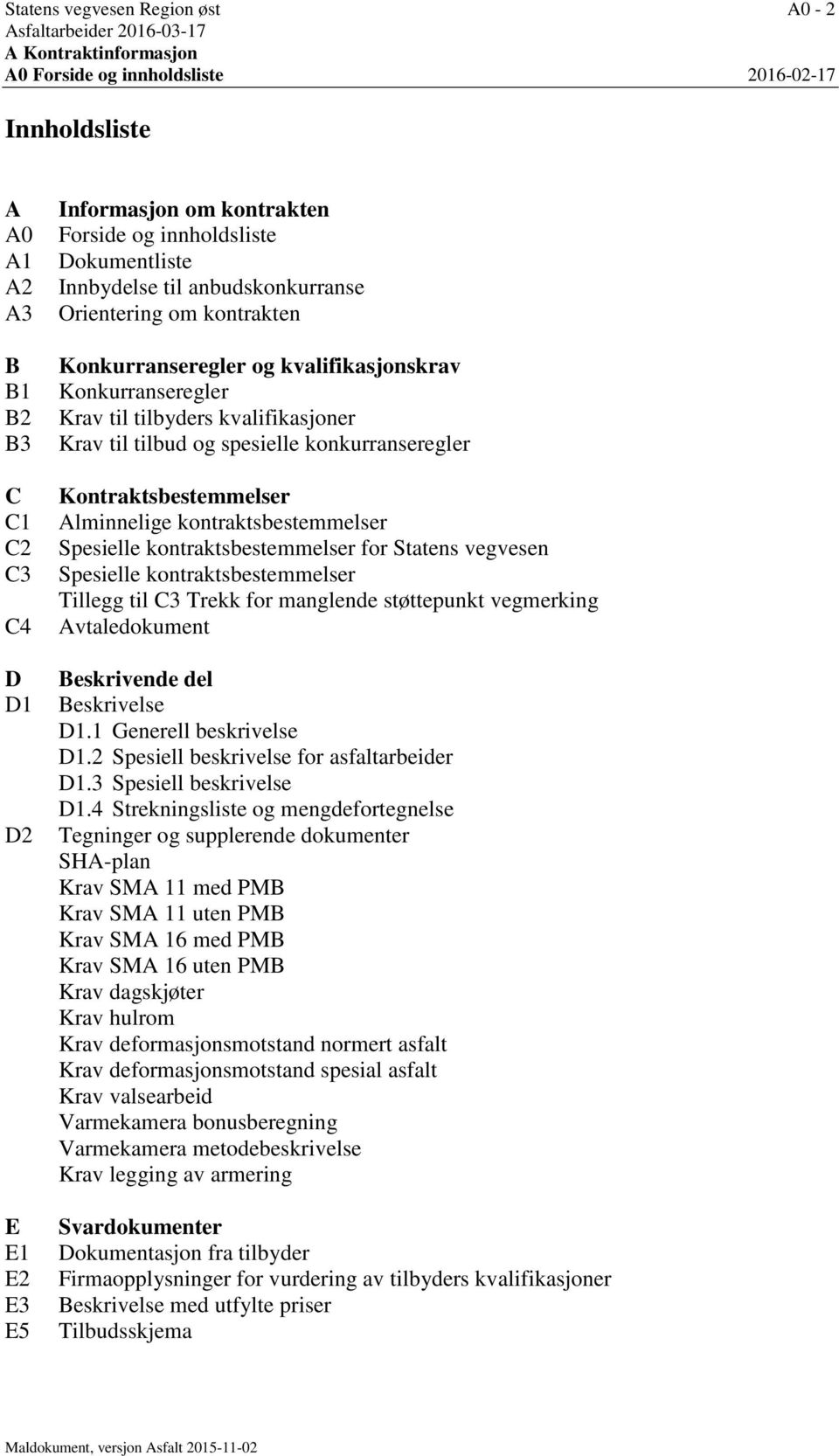 tilbyders kvalifikasjoner Krav til tilbud og spesielle konkurranseregler Kontraktsbestemmelser Alminnelige kontraktsbestemmelser Spesielle kontraktsbestemmelser for Statens vegvesen Spesielle