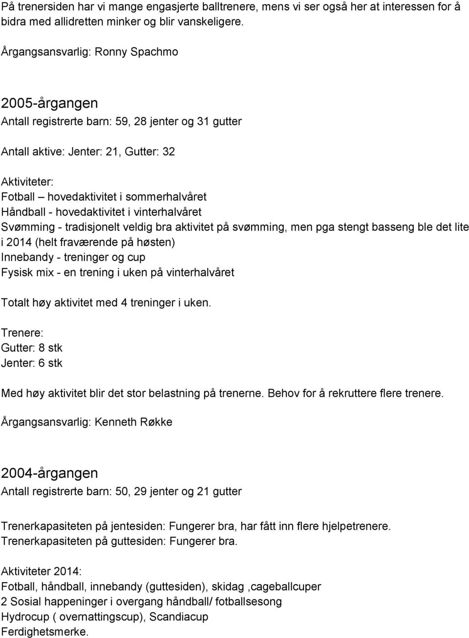 hovedaktivitet i vinterhalvåret Svømming tradisjonelt veldig bra aktivitet på svømming, men pga stengt basseng ble det lite i 2014 (helt fraværende på høsten) Innebandy treninger og cup Fysisk mix en