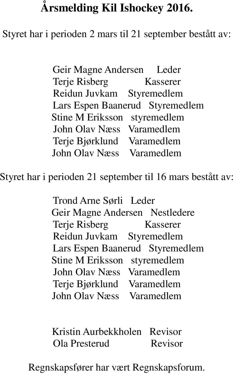 Eriksson styremedlem John Olav Næss Varamedlem Terje Bjørklund Varamedlem John Olav Næss Varamedlem Styret har i perioden 21 september til 16 mars bestått av: Trond Arne