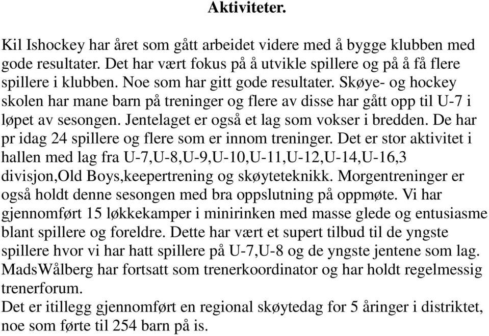 De har pr idag 24 spillere og flere som er innom treninger. Det er stor aktivitet i hallen med lag fra U-7,U-8,U-9,U-10,U-11,U-12,U-14,U-16,3 divisjon,old Boys,keepertrening og skøyteteknikk.