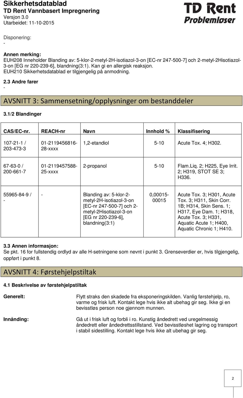 REACHnr Navn Innhold % Klassifisering 107211 / 2034733 012119456816 28xxxx 1,2etandiol 510 Acute Tox. 4; H302. 67630 / 2006617 012119457588 25xxxx 2propanol 510 Flam.Liq. 2; H225, Eye Irrit.