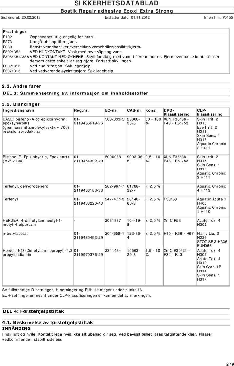 P332/313 Ved hudirritasjon: Søk legehjelp. P337/313 Ved vedvarende øyeirritasjon: Søk legehjelp. 2.3. Andre farer DEL 3: Sammensetning av/informasjon om innholdsstoffer 3.2. Blandinger Ingrediensnavn Reg.