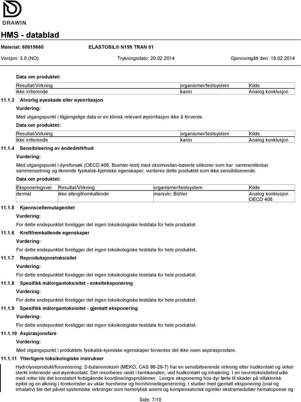 dyreforsøk (OECD 406, Buehler-test) med oksimosilan-baserte silikoner som har sammenliknbar sammensetning og liknende fysikalsk-kjemiske egenskaper, vurderes dette produktet som ikke sensibiliserende.