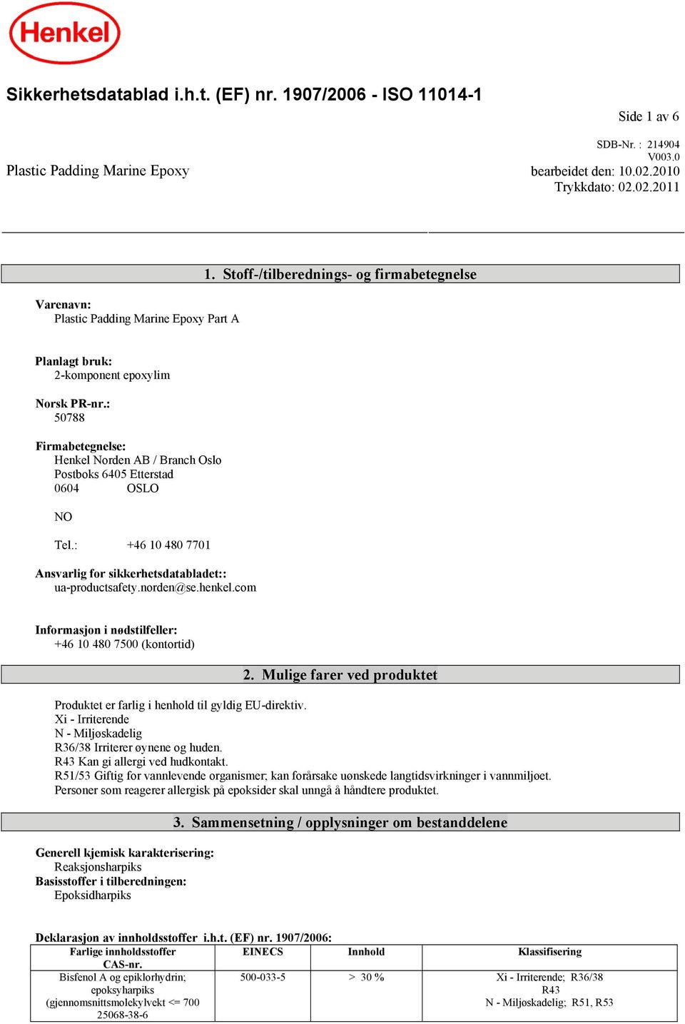 : +46 10 480 7701 Ansvarlig for sikkerhetsdatabladet:: ua-productsafety.norden@se.henkel.com Informasjon i nødstilfeller: +46 10 480 7500 (kontortid) 2.