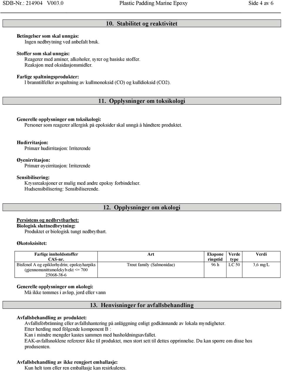 Stabilitet og reaktivitet Farlige spaltningsprodukter: I branntilfeller avspaltning av kullmonoksid (CO) og kulldioksid (CO2). 11.