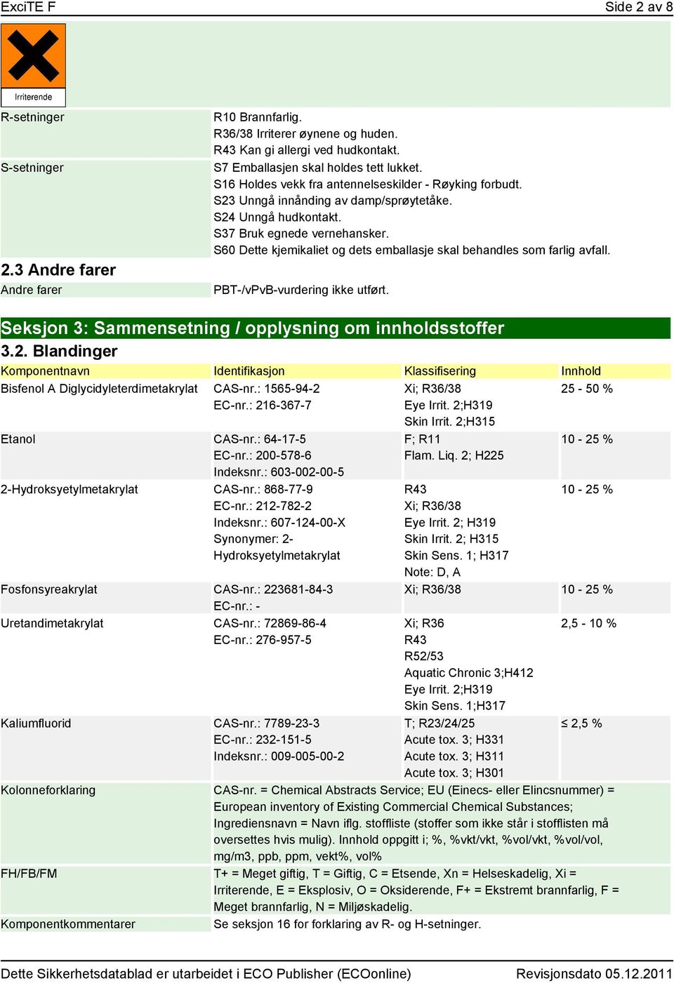 S60 Dette kjemikaliet og dets emballasje skal behandles som farlig avfall. PBT-/vPvB-vurdering ikke utført. Seksjon 3: Sammensetning / opplysning om innholdsstoffer 3.2.