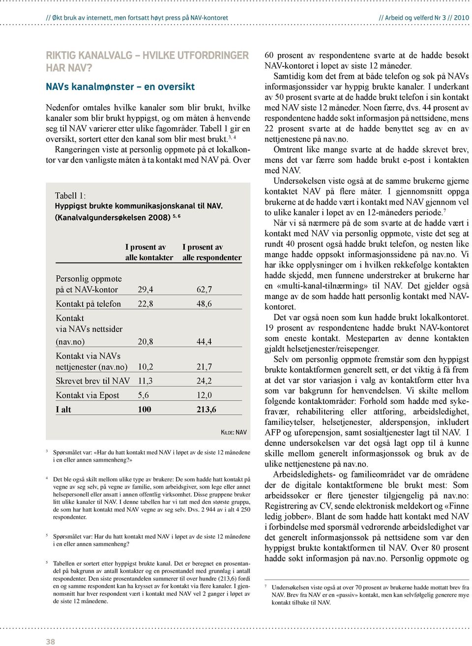 Tabell 1 gir en oversikt, sortert etter den kanal som blir mest brukt. 3, 4 Rangeringen viste at personlig oppmøte på et lokalkontor var den vanligste måten å ta kontakt med NAV på.