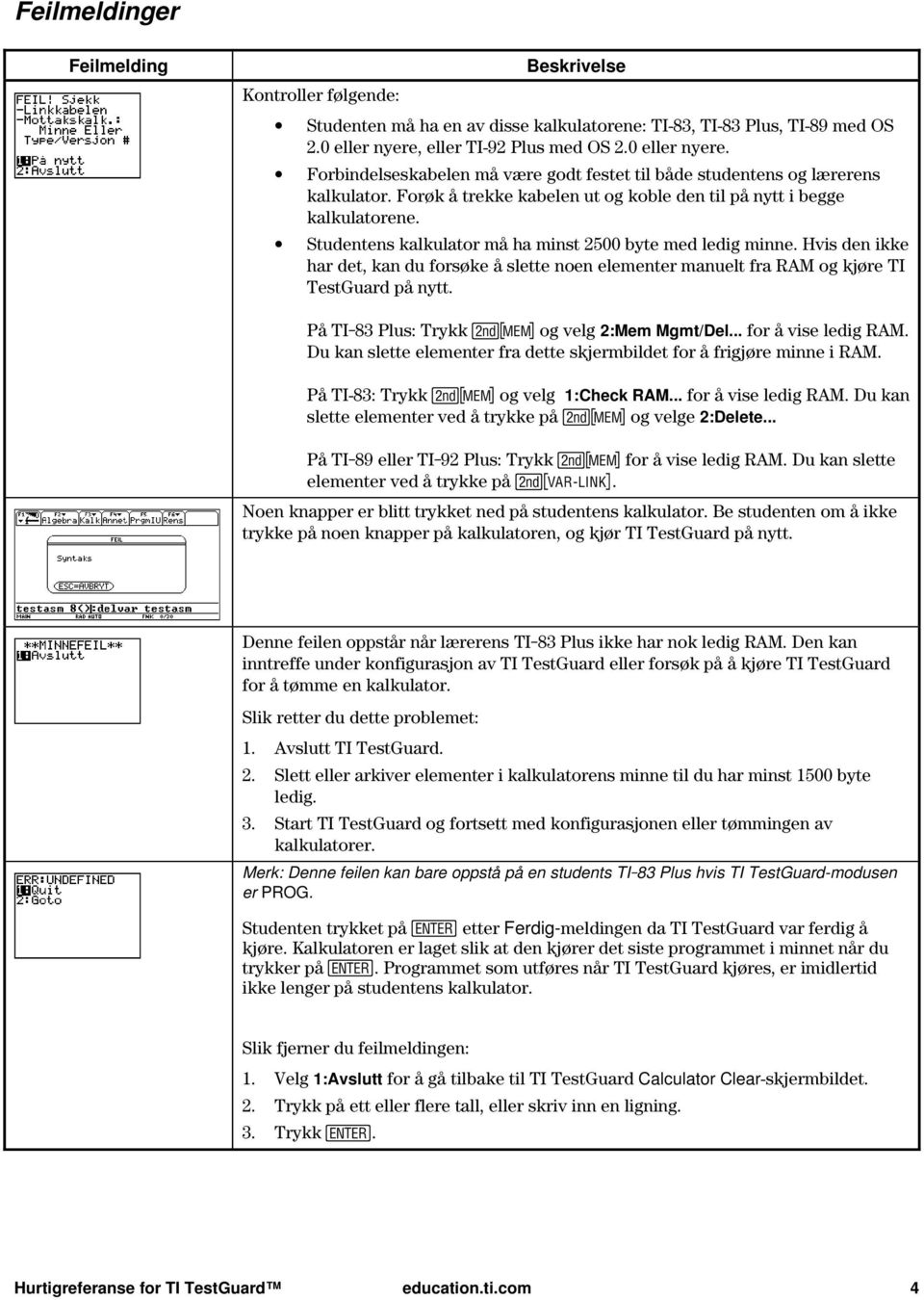 Studentens kalkulator må ha minst 2500 byte med ledig minne. Hvis den ikke har det, kan du forsøke å slette noen elementer manuelt fra RAM og kjøre TI TestGuard på nytt.
