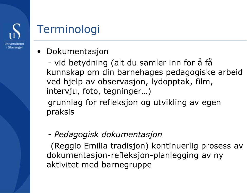 grunnlag for refleksjon og utvikling av egen praksis - Pedagogisk dokumentasjon (Reggio Emilia