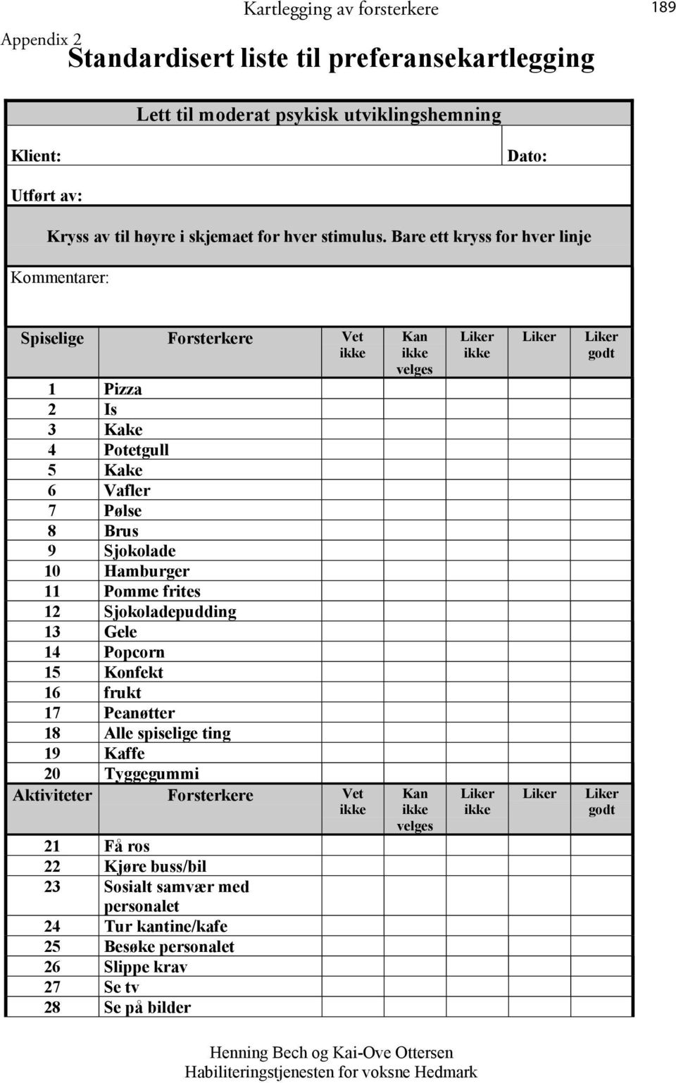 Bare ett kryss for hver linje Kommentarer: Spiselige Forsterkere Vet 1 Pizza 2 Is 3 Kake 4 Potetgull 5 Kake 6 Vafler 7 Pølse 8 Brus 9 Sjokolade 10 Hamburger 11 Pomme frites 12