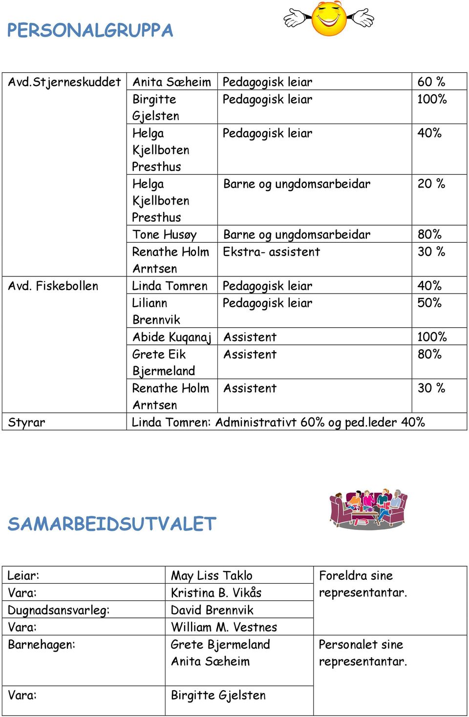 Husøy Barne og ungdomsarbeidar 80% Renathe Holm Ekstra- assistent 30 % Arntsen Avd.