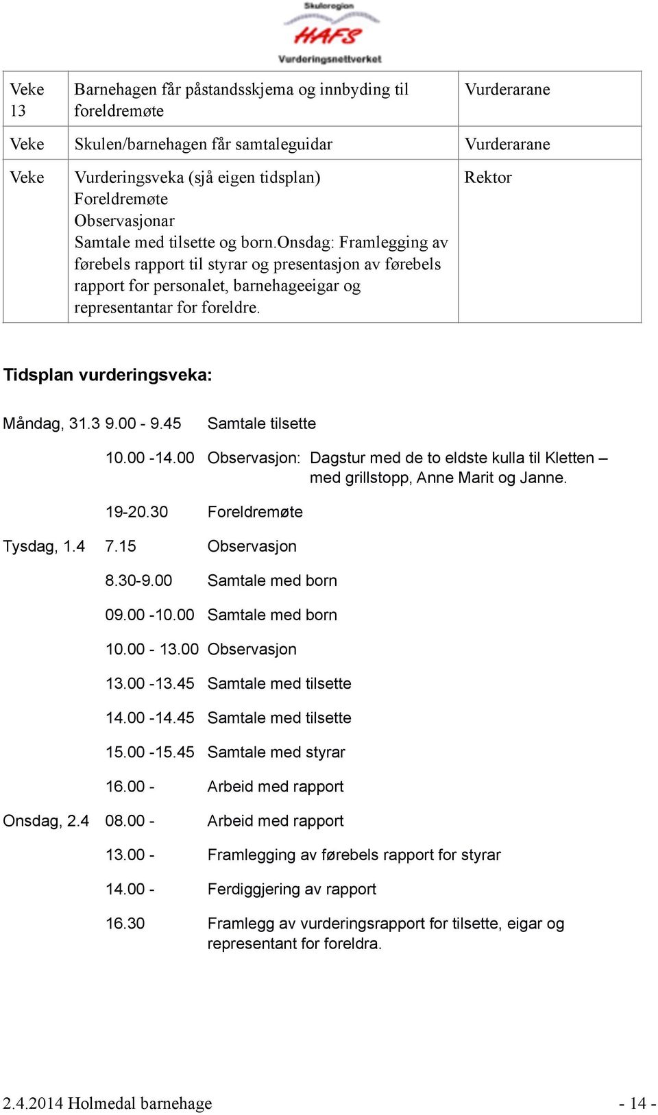 Tidsplan vurderingsveka: Måndag, 31.3 9.00-9.45 Samtale tilsette Rektor 10.00-14.00 Observasjon: Dagstur med de to eldste kulla til Kletten med grillstopp, Anne Marit og Janne. 19-20.