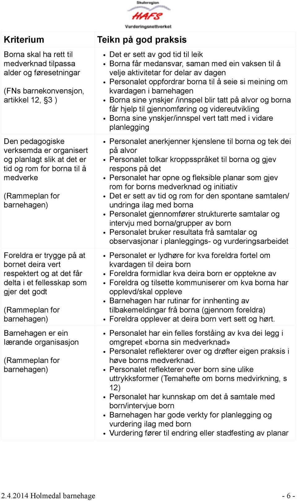 ein lærande organisasjon (Rammeplan for barnehagen) Teikn på god praksis Det er sett av god tid til leik Borna får medansvar, saman med ein vaksen til å velje aktivitetar for delar av dagen