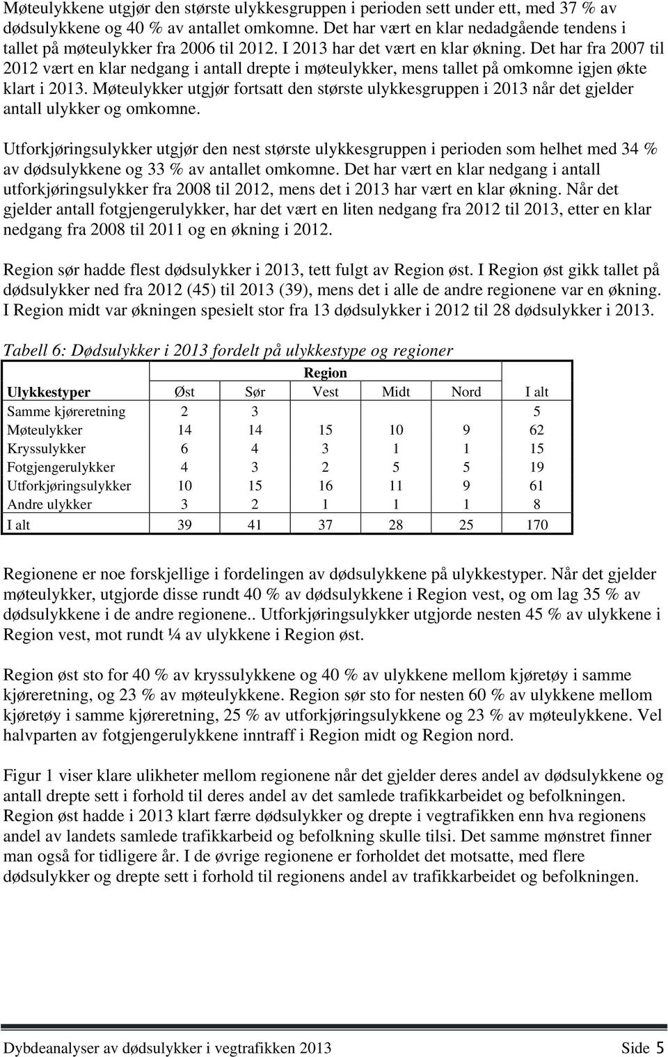 Det har fra 2007 til 2012 vært en klar nedgang i antall drepte i møteulykker, mens tallet på omkomne igjen økte klart i 2013.