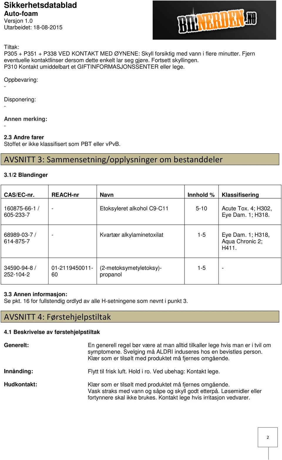 AVSNITT 3: Sammensetning/opplysninger om bestanddeler 3.1/2 Blandinger CAS/ECnr. REACHnr Navn Innhold % Klassifisering 160875661 / 6052337 Etoksyleret alkohol C9C11 510 Acute Tox. 4; H302, Eye Dam.