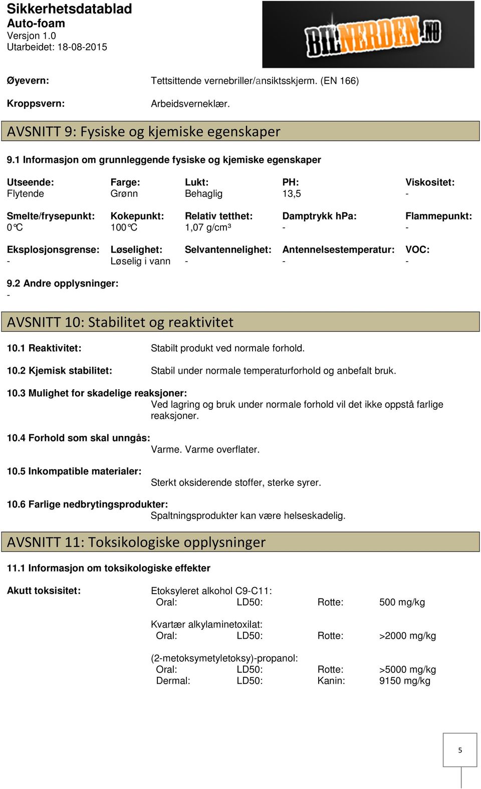 Damptrykk hpa: Flammepunkt: Eksplosjonsgrense: Løselighet: Løselig i vann Selvantennelighet: Antennelsestemperatur: VOC: 9.2 Andre opplysninger: AVSNITT 10: Stabilitet og reaktivitet 10.