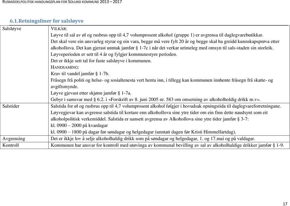 Det kan gjerast unntak jamfør 1-7c i når det verkar urimeleg med omsyn til sals-staden sin storleik. Løyveperioden er sett til 4 år og fylgjer kommunestyre perioden.