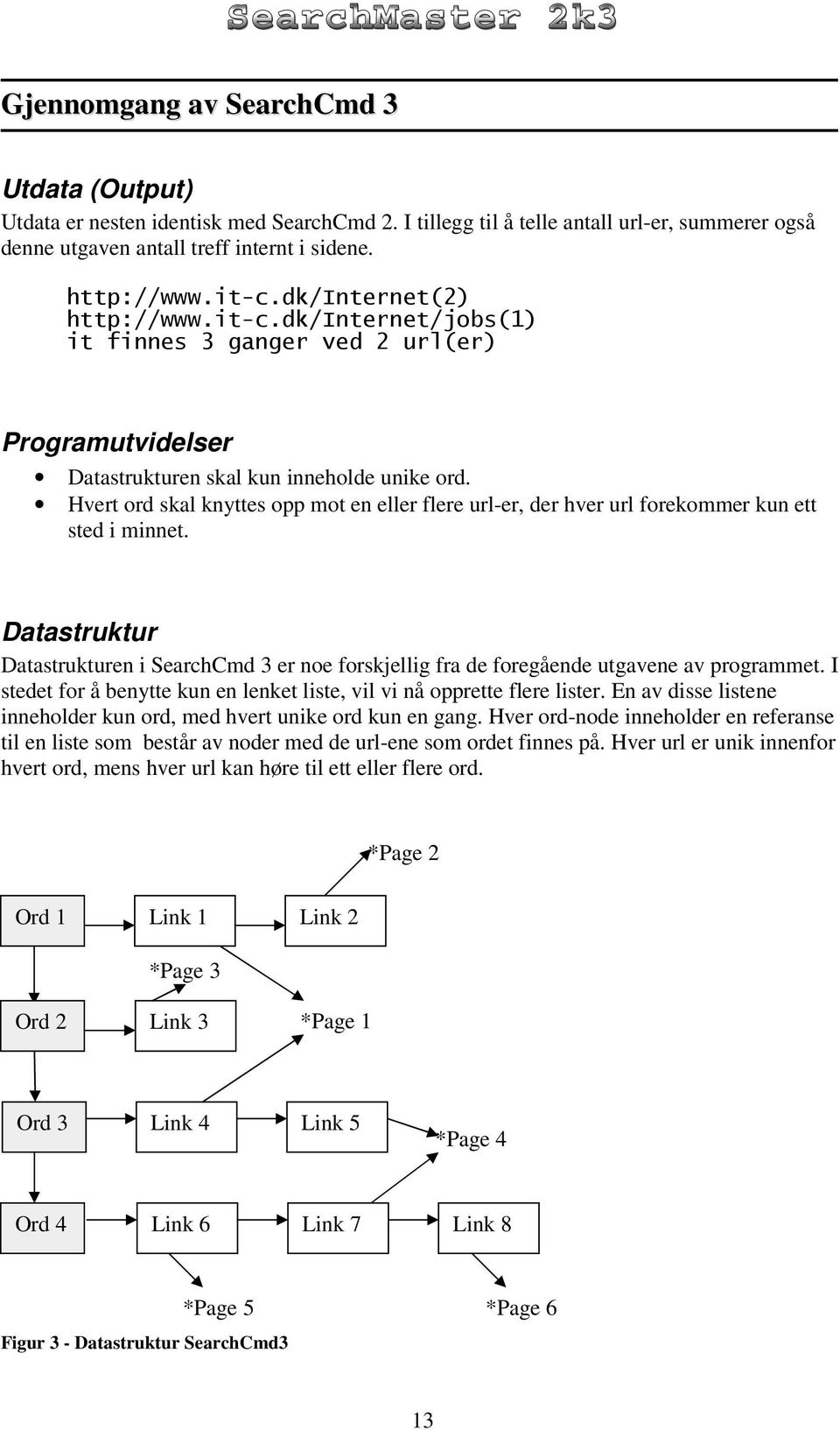 Datastruktur Datastrukturen i SearchCmd 3 er noe forskjellig fra de foregående utgavene av programmet. I stedet for å benytte kun en lenket liste, vil vi nå opprette flere lister.