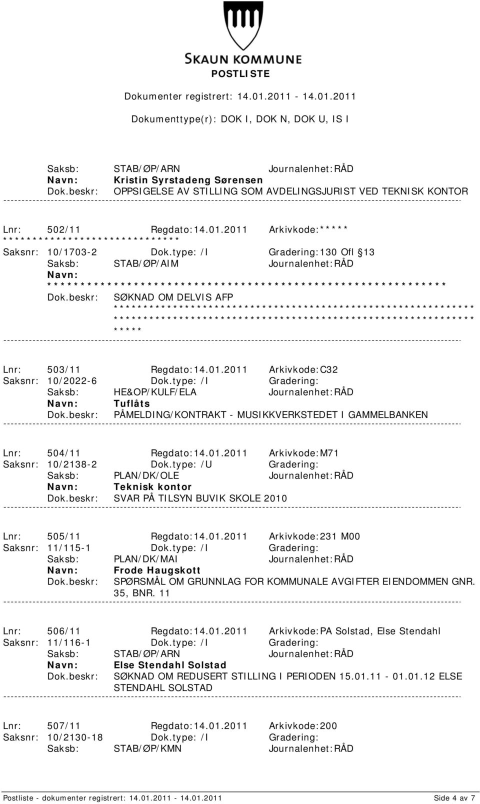 2011 Arkivkode:C32 Saksnr: 10/2022-6 Dok.type: /I Gradering: Saksb: HE&OP/KULF/ELA Journalenhet:RÅD Tuflåts PÅMELDING/KONTRAKT - MUSIKKVERKSTEDET I GAMMELBANKEN Lnr: 504/11 Regdato:14.01.2011 Arkivkode:M71 Saksnr: 10/2138-2 Dok.