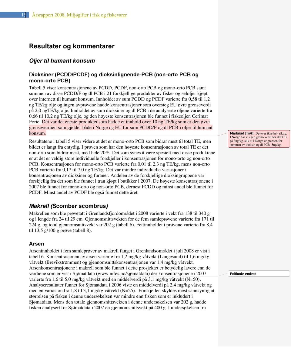 PCDD, PCDF, non-orto PCB og mono-orto PCB samt summen av disse PCDD/F og dl PCB i 21 forskjellige produkter av fiske- og seloljer kjøpt over internett til humant konsum.