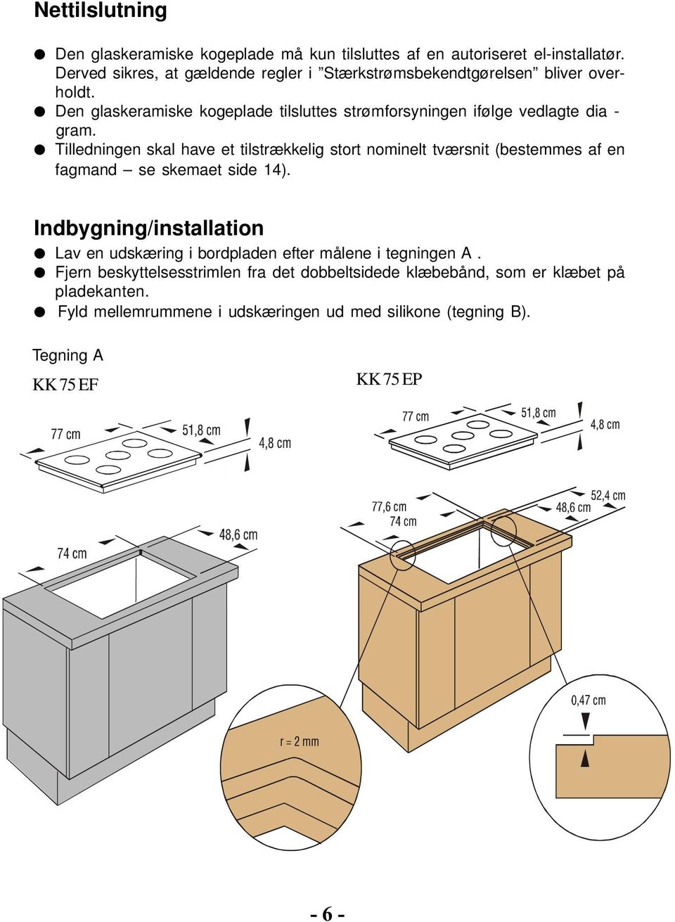 O Den glaskeramiske kogeplade tilsluttes strømforsyningen ifølge vedlagte dia - gram.