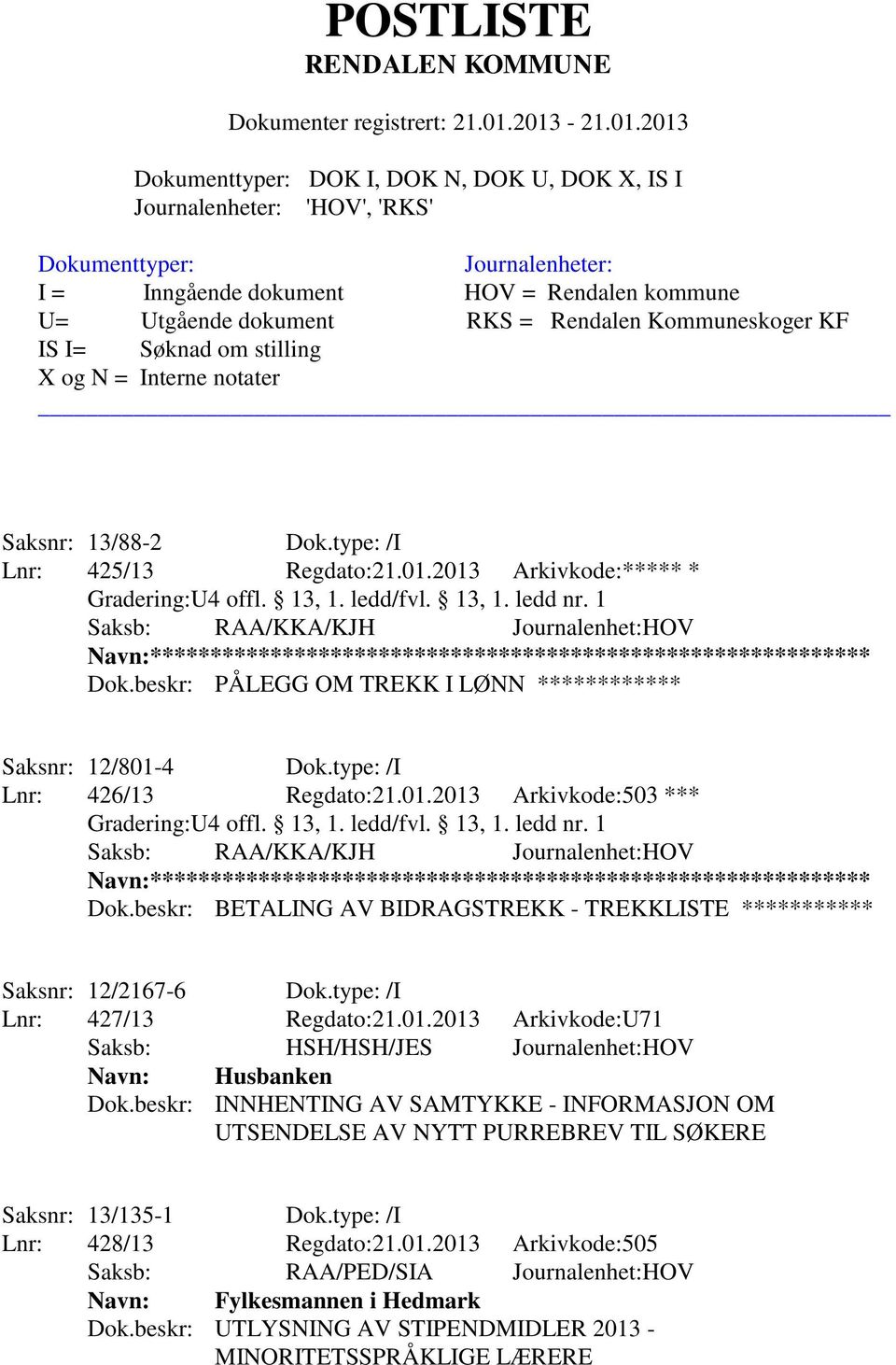 1 Saksb: RAA/KKA/KJH Journalenhet:HOV Dok.beskr: BETALING AV BIDRAGSTREKK - TREKKLISTE *********** Saksnr: 12/2167-6 Dok.type: /I Lnr: 427/13 Regdato:21.01.2013 Arkivkode:U71 Navn: Husbanken Dok.