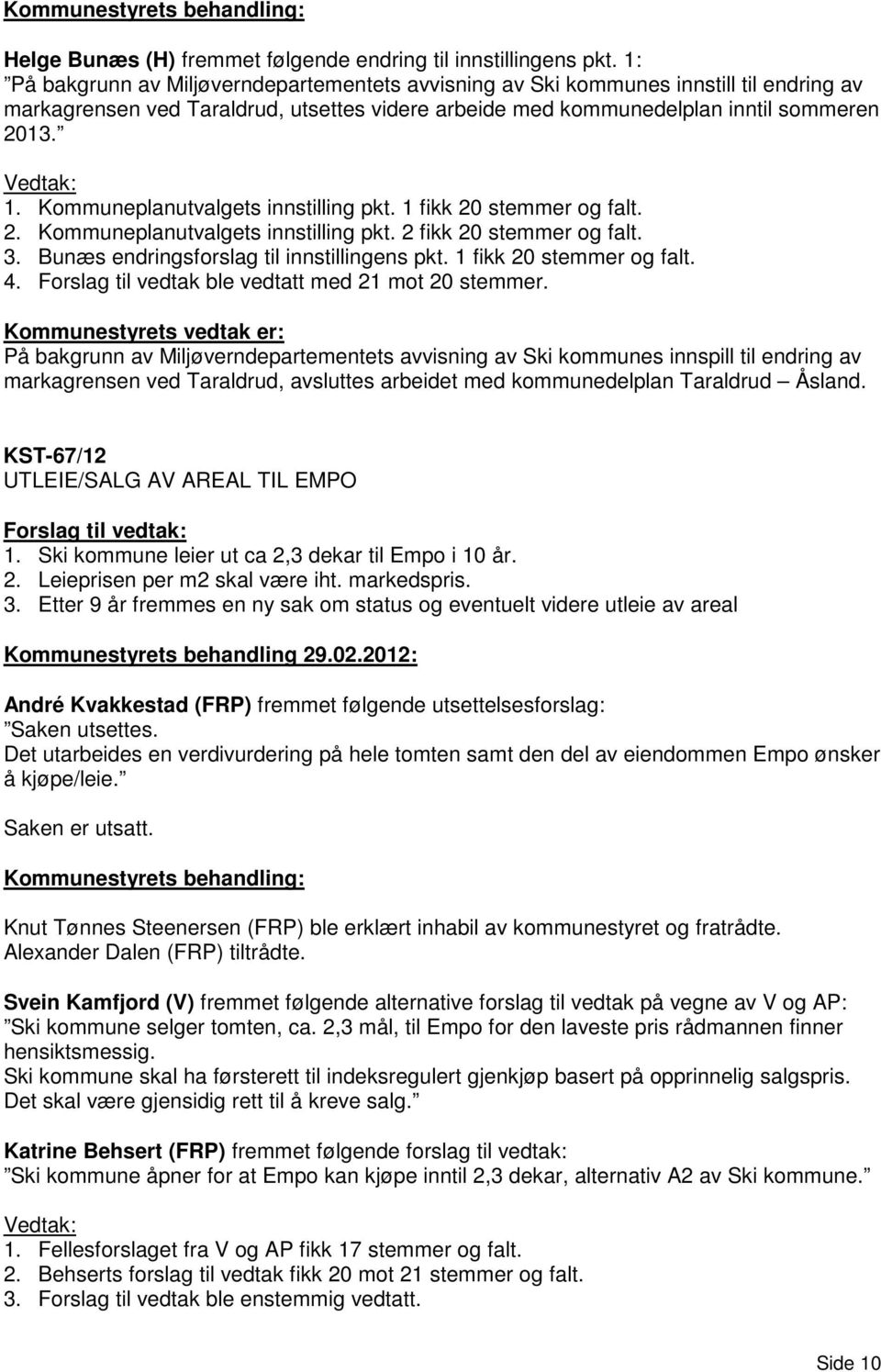 Kommuneplanutvalgets innstilling pkt. 1 fikk 20 stemmer og falt. 2. Kommuneplanutvalgets innstilling pkt. 2 fikk 20 stemmer og falt. 3. Bunæs endringsforslag til innstillingens pkt.