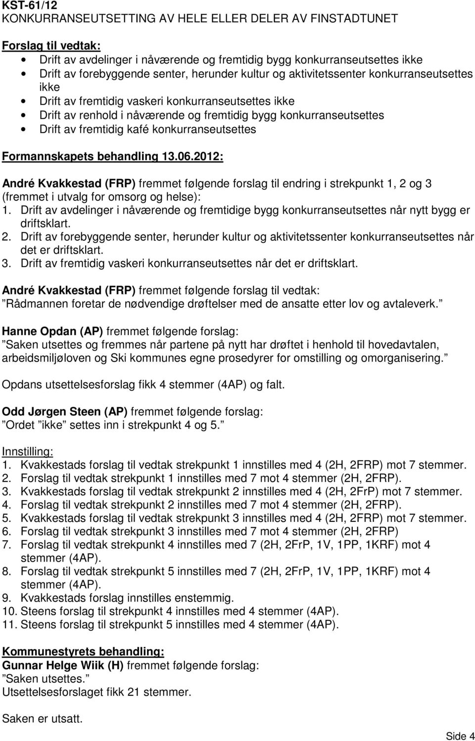 konkurranseutsettes Formannskapets behandling 13.06.2012: André Kvakkestad (FRP) fremmet følgende forslag til endring i strekpunkt 1, 2 og 3 (fremmet i utvalg for omsorg og helse): 1.