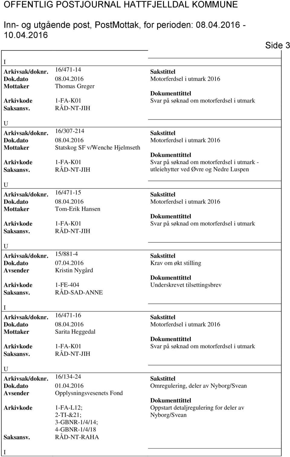 16/471-15 Sakstittel Mottaker Tom-Erik Hansen Saksansv. RÅD-NT-JH Arkivsak/doknr. 15/881-4 Sakstittel Dok.dato 07.04.