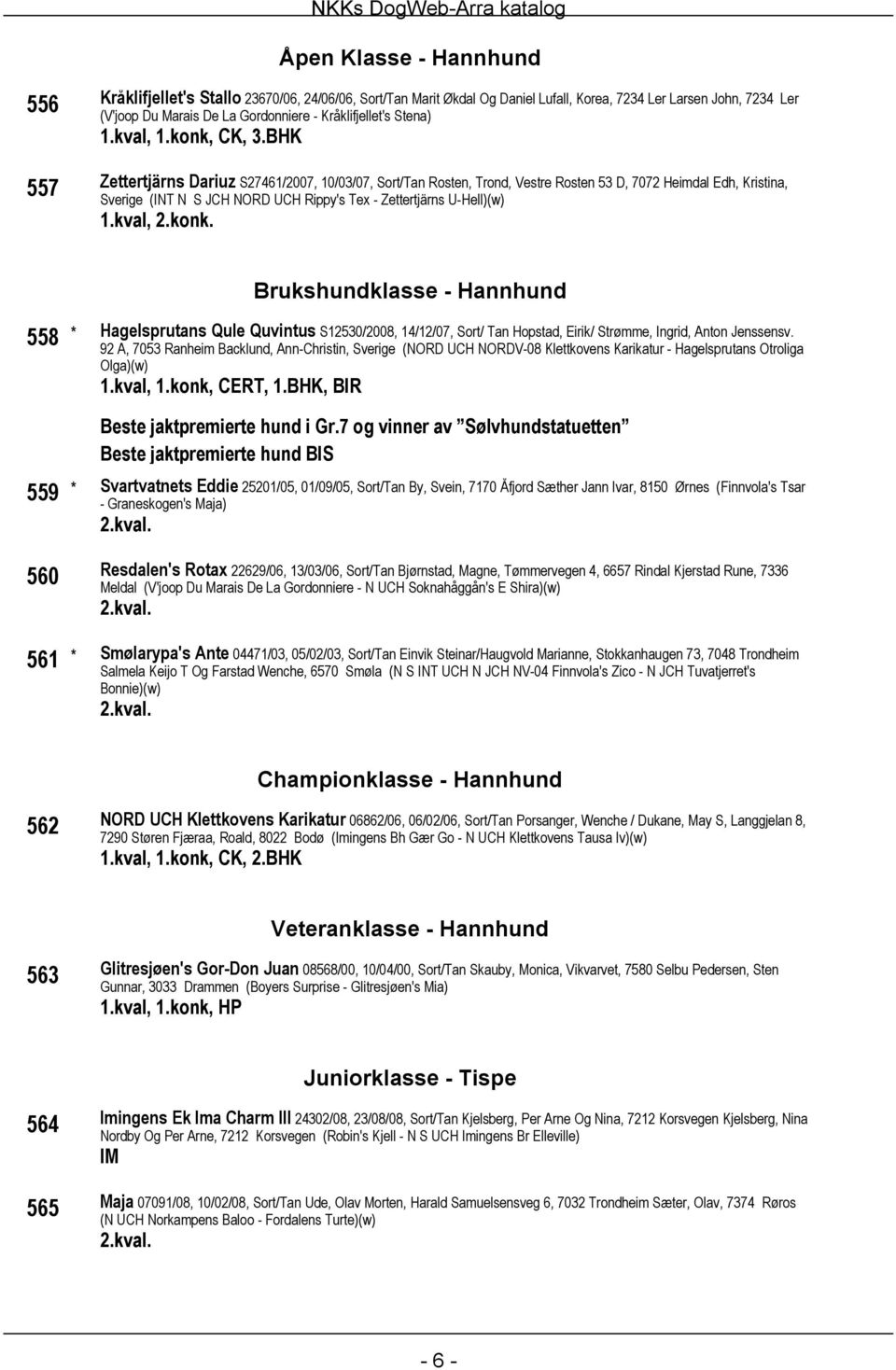 BHK 557 Zettertjärns Dariuz S27461/2007, 10/03/07, Sort/Tan Rosten, Trond, Vestre Rosten 53 D, 7072 Heimdal Edh, Kristina, Sverige (INT N S JCH NORD UCH Rippy's Tex - Zettertjärns U-Hell)(w) 1.