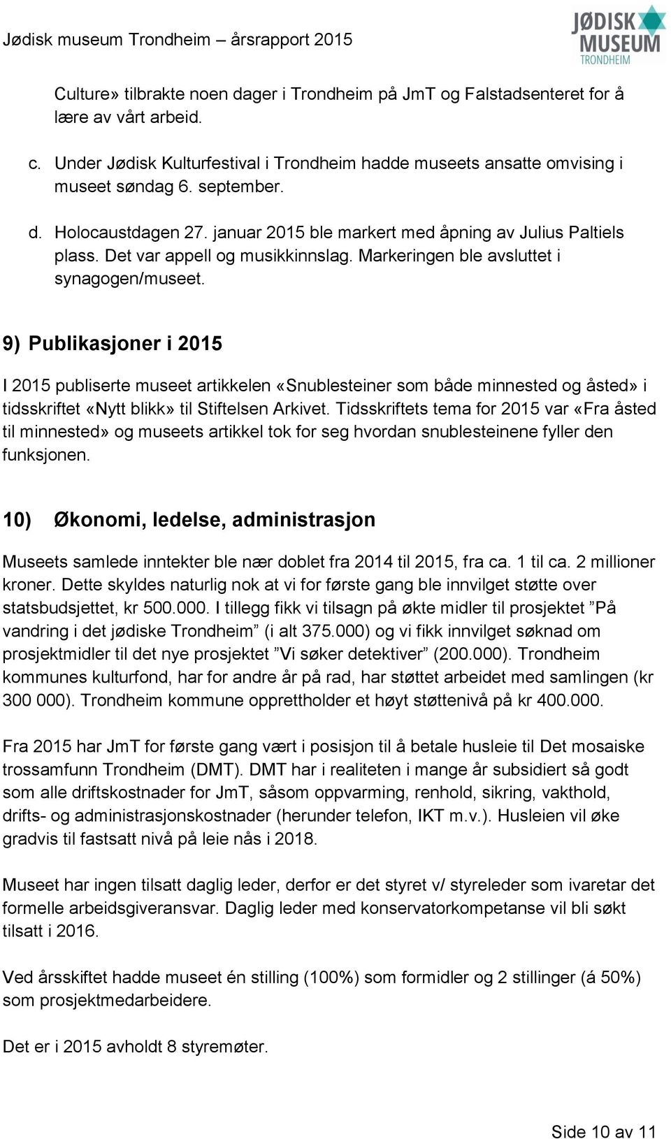 9) Publikasjoner i 2015 I 2015 publiserte museet artikkelen «Snublesteiner som både minnested og åsted» i tidsskriftet «Nytt blikk» til Stiftelsen Arkivet.