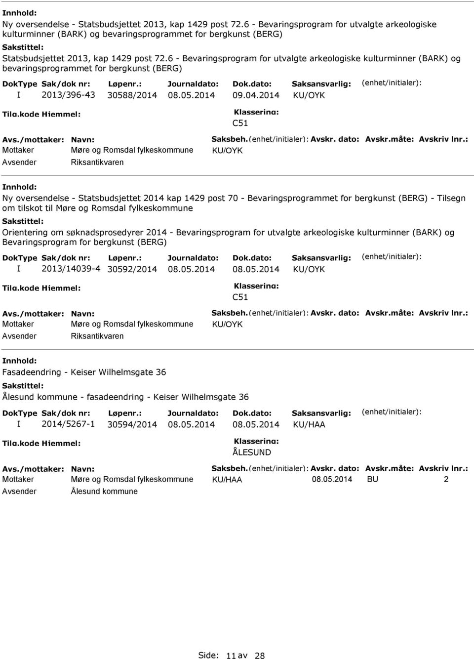 6 - Bevaringsprogram for utvalgte arkeologiske kulturminner (BARK) og bevaringsprogrammet for bergkunst (BERG) 2013/396-43 30588/2014 09.04.2014 K/OYK C51 Avs./mottaker: Navn: Saksbeh. Avskr.