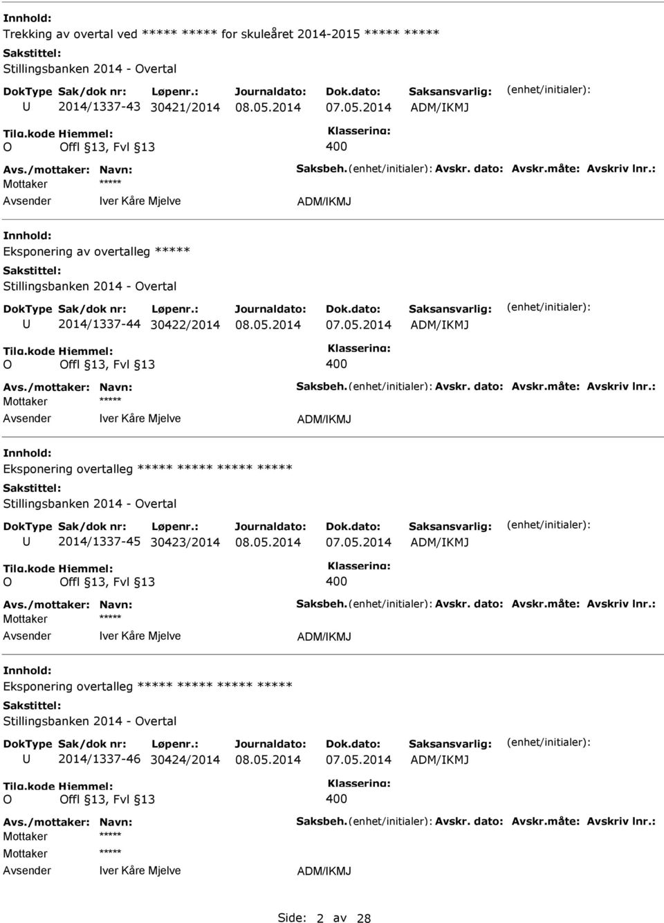 måte: Avskriv lnr.: ver Kåre Mjelve ADM/KMJ nnhold: Eksponering overtalleg ***** ***** ***** ***** Stillingsbanken 2014 - Overtal 2014/1337-45 30423/2014 ADM/KMJ O 400 Avs./mottaker: Navn: Saksbeh.