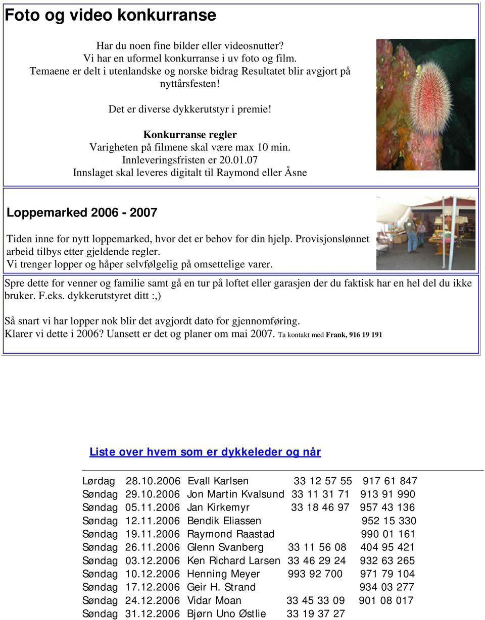 Innleveringsfristen er 20.01.07 Innslaget skal leveres digitalt til Raymond eller Åsne Loppemarked 2006-2007 Tiden inne for nytt loppemarked, hvor det er behov for din hjelp.