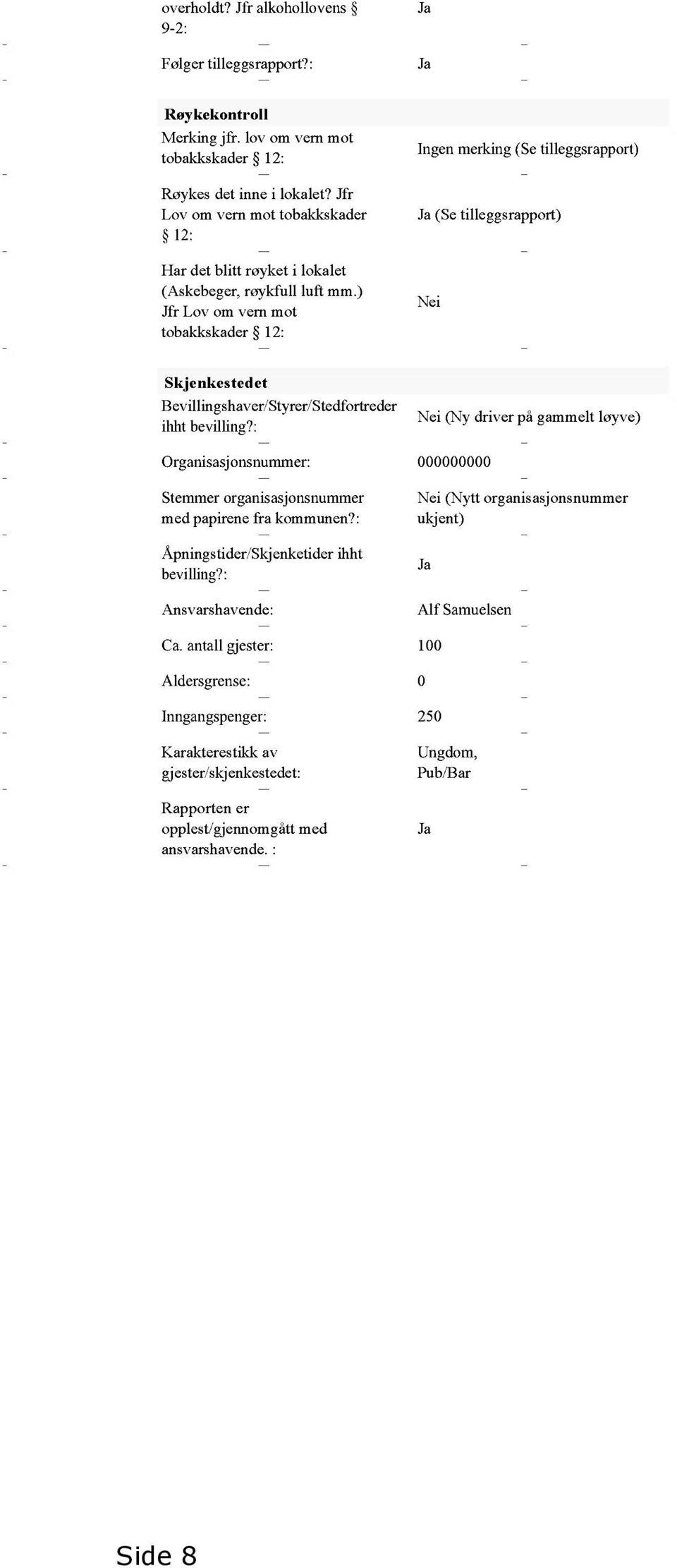 ) Jfr Lov om vern mot tobakkskader 12: Ingen merking (Se tilleggsrapport) (Se tilleggsrapport) Nei Skjenkestedet Bevillingshaver/Styrer/Stedfortreder ihht bevilling?