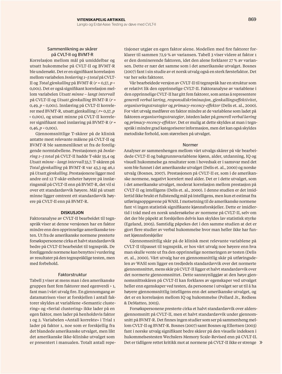 Det er også signifikant korrelasjon mellom variabelen Utsatt minne langt intervall på CVLT-II og Utsatt gjenkalling BVMT-R (r = 0,49, p < 0,001).