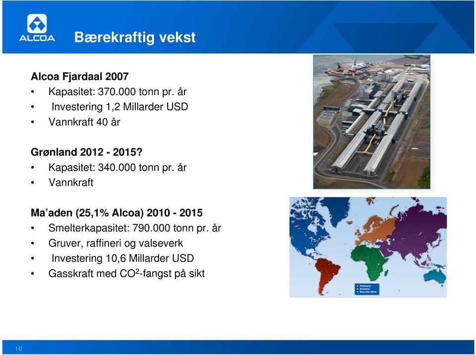 000 tonn pr. år Vannkraft Ma aden (25,1% Alcoa) 2010-2015 Smelterkapasitet: 790.