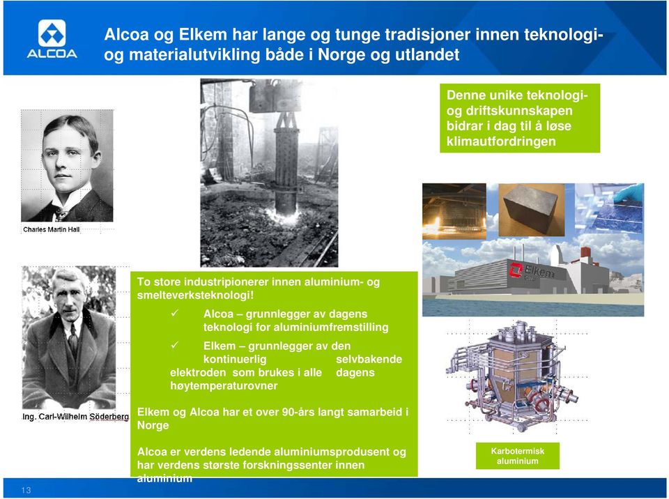 Alcoa grunnlegger av dagens teknologi for aluminiumfremstilling Elkem grunnlegger av den kontinuerlig selvbakende elektroden som brukes i alle dagens