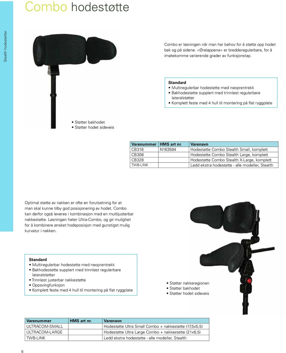 Multiregulerbar hodestøtte med neoprentrekk Bakhodestøtte supplert med trinnløst regulerbare lateralstøtter Støtter bakhodet Støtter hodet sideveis Varenummer HMS art nr.
