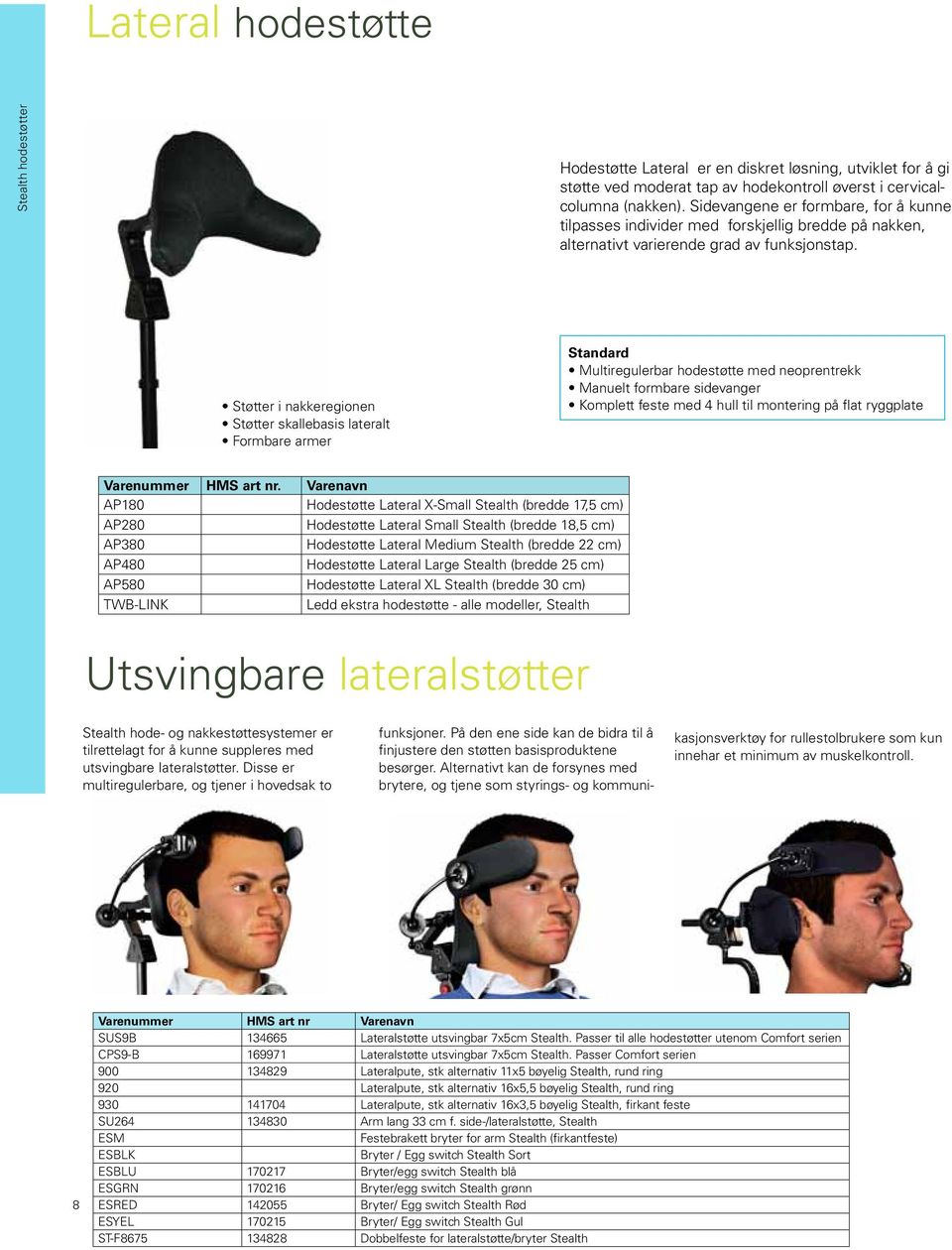 Støtter i nakkeregionen Støtter skallebasis lateralt Formbare armer Multiregulerbar hodestøtte med neoprentrekk Manuelt formbare sidevanger Varenummer HMS art nr.