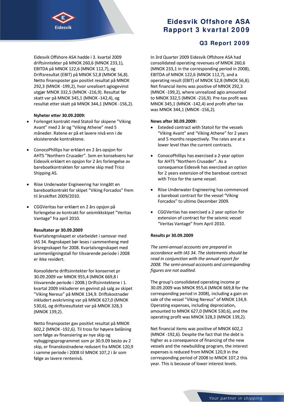 Resultat før skatt var på MNOK 345,1 (MNOK 142,4), og resultat etter skatt på MNOK 344,1 (MNOK 156,2). Nyheter etter 30.09.
