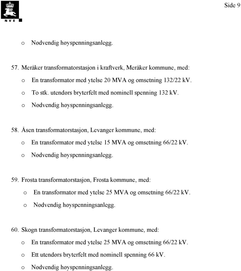 Åsen transfrmatrstasjn, Levanger kmmune, med: En transfrmatr med ytelse 15 MVA g msetning 66/22 kv. 59.